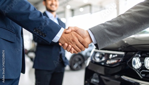 A confident handshake at the car dealership seals the deal for a car purchase
