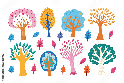 Colorful Trees Illustration: A vibrant illustration showcases a variety of stylized trees, each boasting unique characteristics and designs.