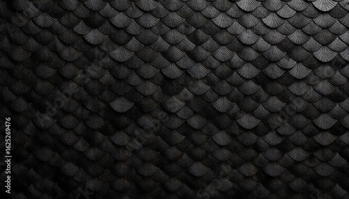 Textured black surface comprised of layered scalloped shapes, creating a dynamic dimensional effect