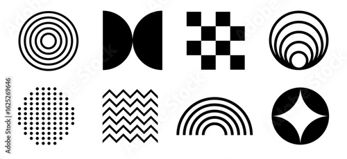 Collection of eight distinct geometric shapes in black and white, originally vector graphics