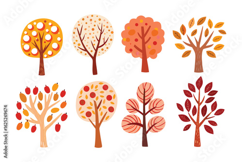 Autumnal trees illustrations: Eight stylized trees of various colors and shapes, adorned with golden leaves and branches.