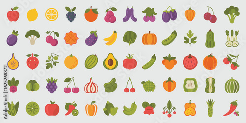 Collection of colorful flat style fruits and vegetables icons apple lemon