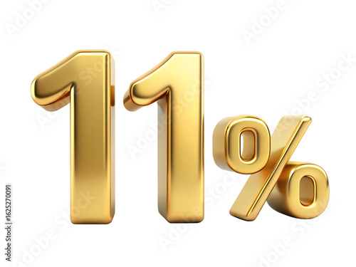 Bold golden numbers 11 percent symbol with metallic sheen isolated on a transparent background eleven