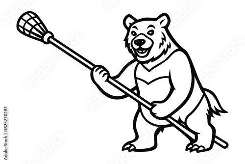 Happy cartoon bear mascot holding a lacrosse stick in black and white