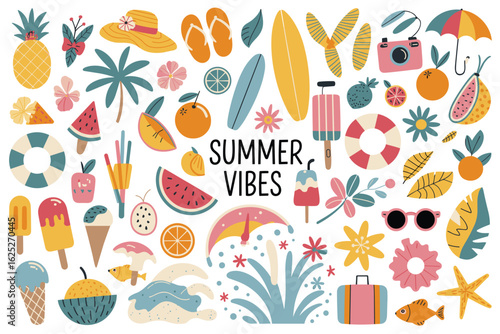 Colorful summer vacation icons and elements with text Summer Vibes beach travel