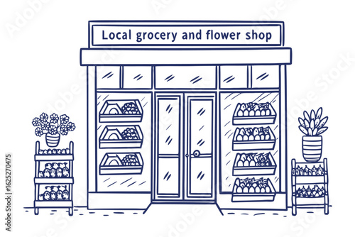 Local Grocery and Flower Shop Illustration: An illustrated storefront of a charming local grocery and flower shop, offering a blend of fresh produce, vibrant floral arrangements.
