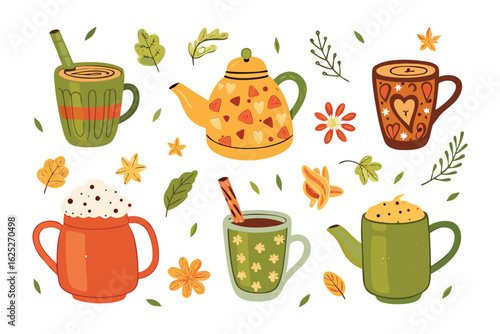 Cozy Collection of Drinks: A heartwarming compilation of mugs and teapots brimming with comforting beverages, alongside vibrant leaves and flowers.