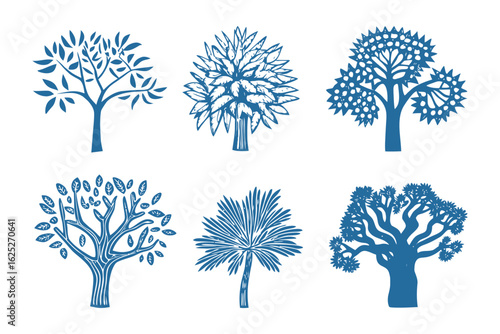 Variety of Trees: Diverse illustration of various tree species showcasing intricate details, capturing the essence of botanical diversity and natural beauty.