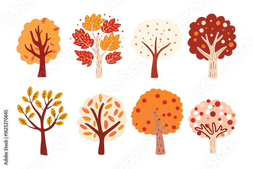 Autumnal Orchard: A vibrant collection of diverse trees, each adorned with colorful foliage, conjuring the essence of autumn's charm.