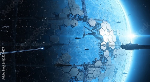 Futuristic Space Station Orbiting a Blue Planet