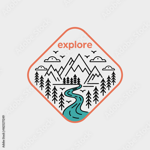 Minimalist mountain river trees and clouds adventure patch graphic explore outdoors