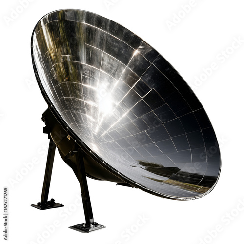 Parabolic solar concentrator with recess and mount, black color, transparent background, PNG format