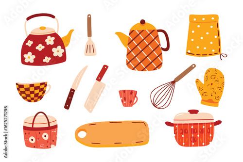 Culinary Collection: A vibrant flat lay of kitchen essentials, brimming with culinary creativity, showcases a medley of cookware and utensils, perfect for any cooking endeavor.