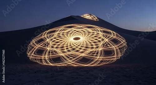 Light painting mandala on desert sand dunes at night