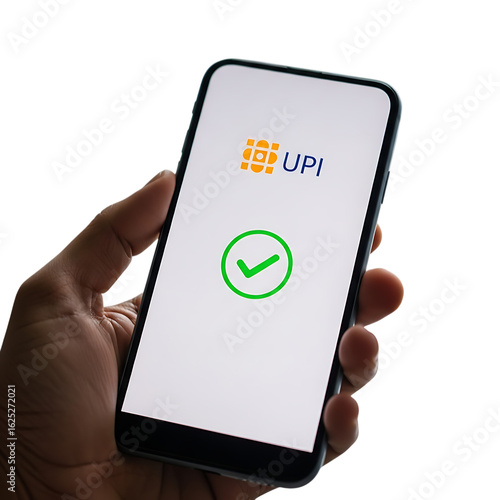 Hand holding smartphone with upi payment success screen isolated on transparent background