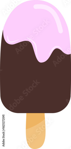 Vector illustration of a chocolate dipped ice cream with strawberry ice cream on a stick, perfect for summer dessert designs and sweet food icons.