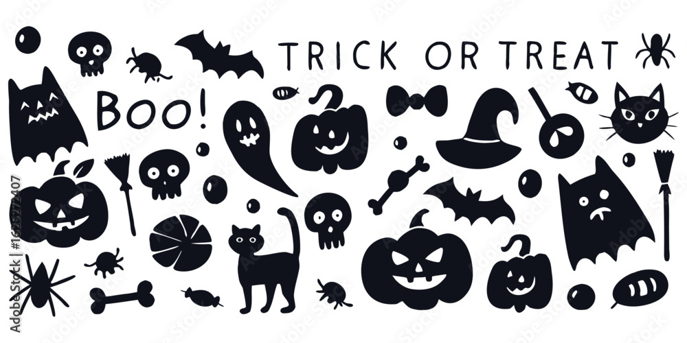 Naklejka premium Hand-drawn doodle Halloween icon vector set with Halloween elements like pumpkins, ghosts, bats, witches’ hats, broomsticks, candy, cats, spiders, and skulls.