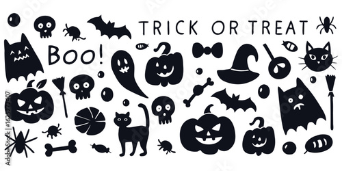 Hand-drawn doodle Halloween icon vector set with Halloween elements like pumpkins, ghosts, bats, witches’ hats, broomsticks, candy, cats, spiders, and skulls.