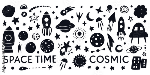 Hand-drawn doodle outer space icon vector set with outer space elements like planets, rockets, astronauts, UFOs, stars, galaxies, telescopes, comets, and satellites.
