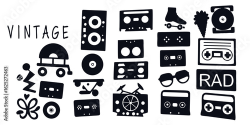 Hand-drawn doodle retro 80s icon vector set with retro 80s elements like cassette tapes, boomboxes, roller skates, VHS tapes, floppy disks, neon shapes