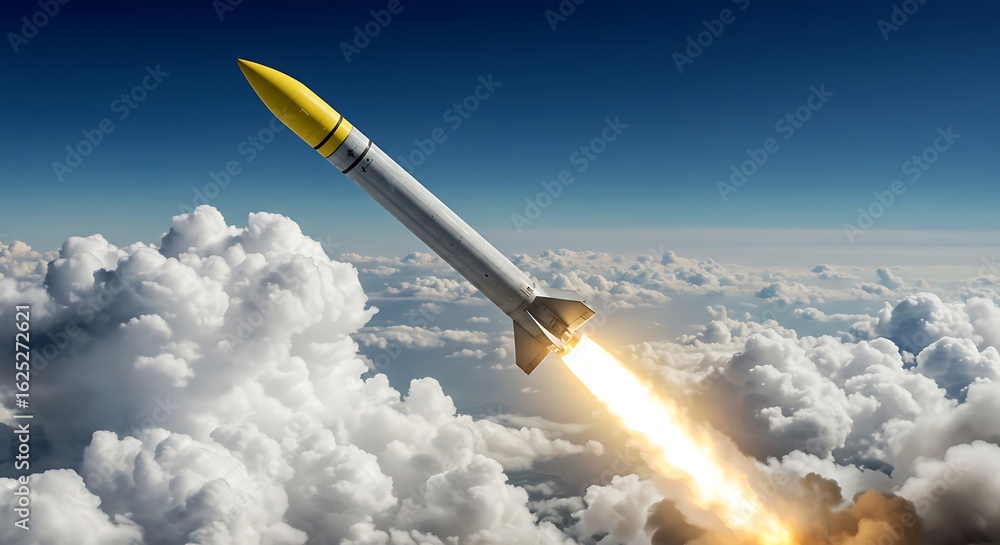 Fototapeta premium Missile launch flying through clouds against a blue sky