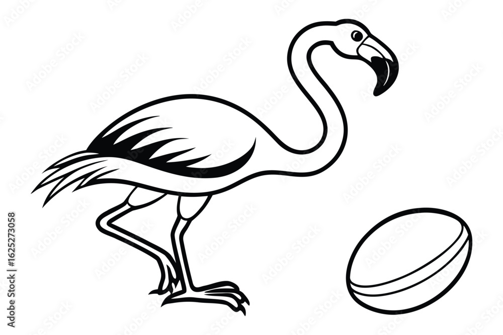 Stylized flamingo standing next to a rugby ball Stylized flamingo standing next to a rugby ball
