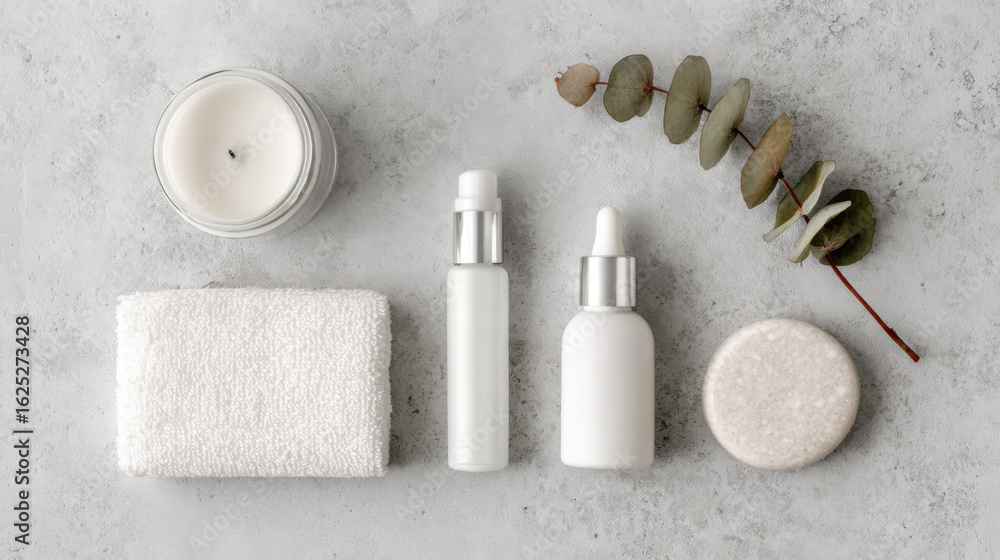 Naklejka premium Minimalist Spa Still Life: Candle, Towel, and Beauty Products on Concrete