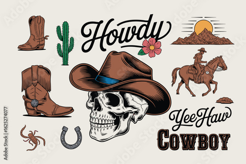 Western Cowboy Skull Boots Cactus Horse Sunset Yee Haw Cowboy Illustration vector