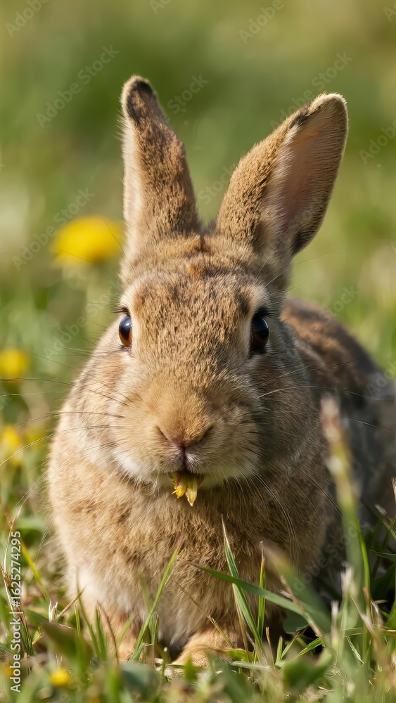 Fototapeta premium A young rabbit sitting in a grassy field with small yellow flowers