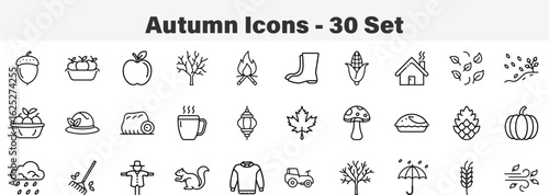 Autumn 30 Set Line Art icons Collections Vector Illustration. Autumn Season and Fall Harvest Vector Icon Set