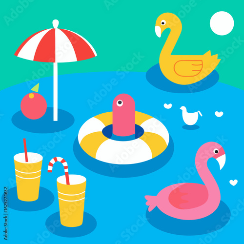 Summer pool party fun with flamingos and drinks