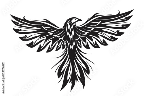 Artistic black bird of prey spreads its wings, showcasing elaborate tribal detail