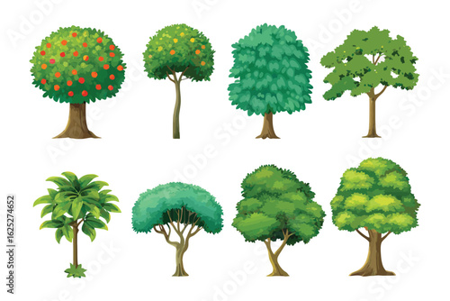 Diverse Tree Collection: A vibrant assembly of unique trees in varied shapes and styles, illustrating the fascinating diversity of plant life with intricate details.