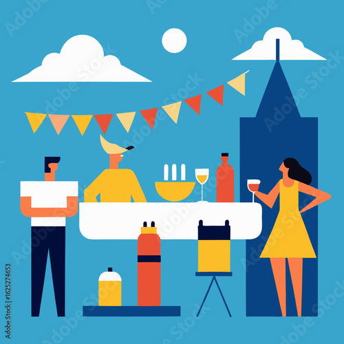People enjoying an outdoor party with cityscape background