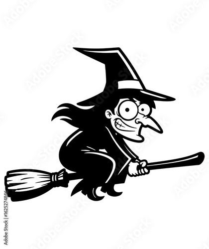 Funny cartoon witch silhouette flying on a broomstick with a spooky smile