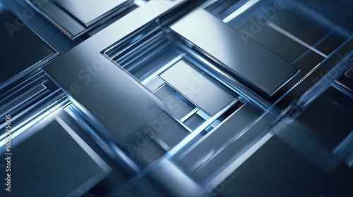 Sleek abstract tech background design chrome surfaces with floating geometric shapes and soft blue lighting