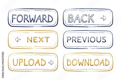 Web Navigation Buttons: A collection of digitally rendered navigation buttons in a sleek, user-friendly design, providing intuitive website navigation elements for enhanced user experience.