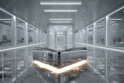 A futuristic chrome podium empty in a sterile lab designed for an experimental cosmetic product