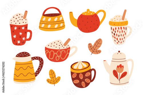 Warm Drinks Collection: An inviting collection of illustrated beverages and teapots, perfect for creating cozy designs, filled with the warmth of autumn's spirit.