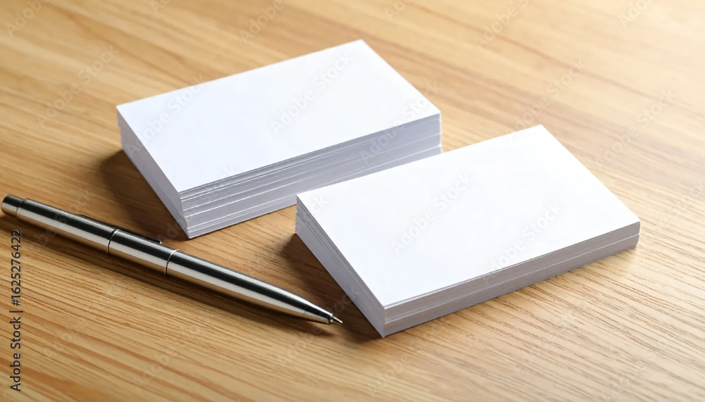 Fototapeta premium Mock up business card with a clean design, on a wooden table with a pen beside it.