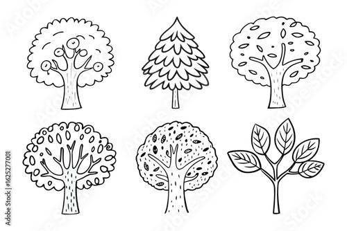 Variety of Trees: A collection of varied tree illustrations showcase the diverse shapes and textures, perfect for illustrating a sense of the natural world, botanical variety and ecological diversity.