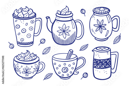 Tea Party's Delight: Adorning the scene, a charming illustration of tea, tea cups, and teapot, each exuding an air of artistic finesse. Evoking feelings of warmth and contentment. 