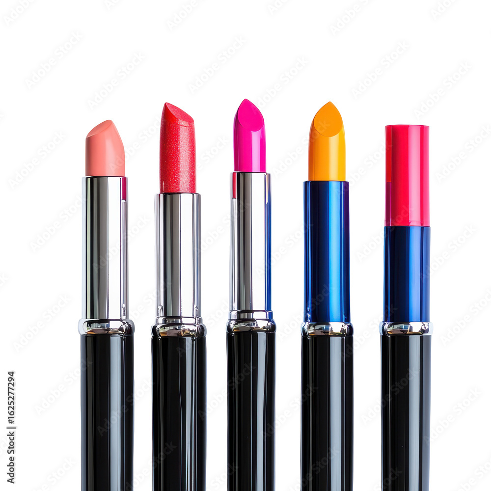 Obraz premium A row of cosmetics, An assortment of cosmetics displayed in a row, isolated on transparent background