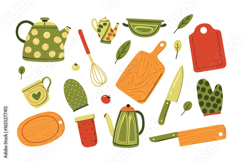 Kitchen Essentials: A vibrant collection of kitchen essentials arranged artfully. Capture the colorful assortment of culinary tools ready for creating meals and culinary experiences.