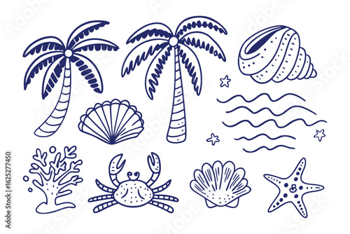 Oceanic Wonderland: An artistic illustration showcases a collection of marine life elements. Palm trees, seashells, and playful waves bring the essence of the shore.