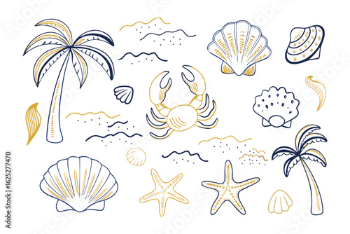 Tropical Vacation Set: A curated collection of illustrated elements, capturing the essence of a tropical vacation, featuring palm trees, shells, a starfish, and a crab.