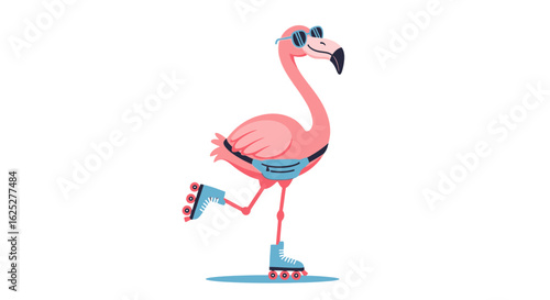 Vector SVG Illustration of a Flamingo Character Wearing Sunglasses and Roller Skates in Modern Flat Style with Bright Pink and Blue Colors for Web and Digital Media