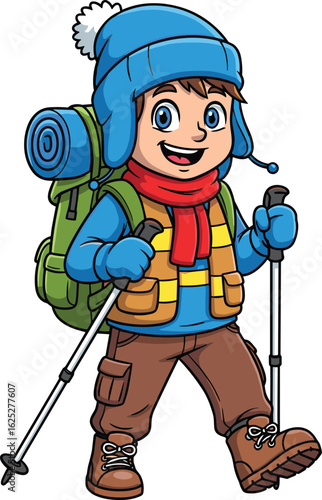 Cartoon boy hiking in winter gear, child mountaineer with backpack and trekking poles, cold weather adventure, outdoor exploration fun
