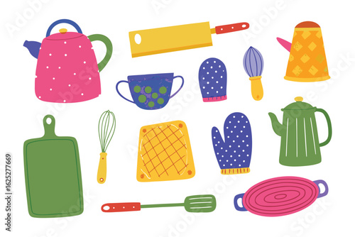 Kitchen essentials: A vibrant collection of cooking tools, including teapots, cutting board, whisk, and oven mitts, creating a visually appealing composition of culinary items.