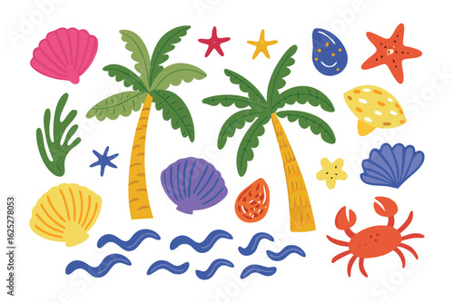 Tropical Paradise Collection: A vibrant collection of illustrated tropical elements, including palm trees, seashells, starfish, and other delightful ocean-inspired graphics.